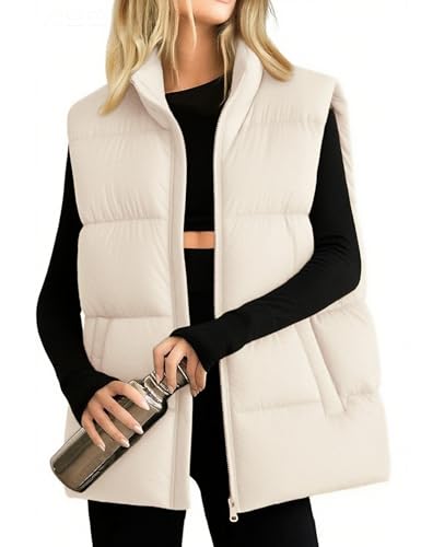 Xiaoxuemeng Womens Puffer Vest Collared Sleeveless Zip Up Padded Gilet Jacket Outwear (Apricot-L)