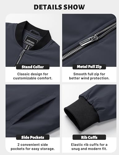 Image of TACVASEN Men's Bomber Jacket Fall Winter Warm Full Zip Windbreaker Jackets | Water-repellent windproof quilted jacket, 3 utility pockets, versatile for fall winter cold weather