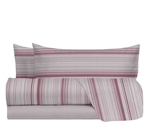hermet Juego de sábanas matrimoniales 100% algodón, Juego de Cama matrimonial, 2 plazas, Estampado a Rayas, sábana encimera + sábana Bajera + 2 Fundas de Almohada