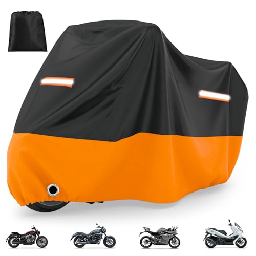 Favoto Funda para Moto y Scooter - Cubierta Impermeable y Anti-UV con Orificio para Candado, Lona de Protección Exterior e Interior, Negro y Naranja, 245x105x125cm