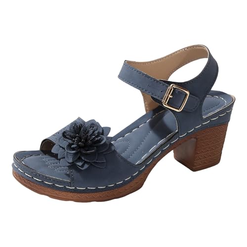 Xbemkste Damsandaler med klack, eleganta och bekväma höga klackar med justerbara remmar sandaletter, sommarskor, klassiska blockhälssandaler, T1 blå, 40 EU