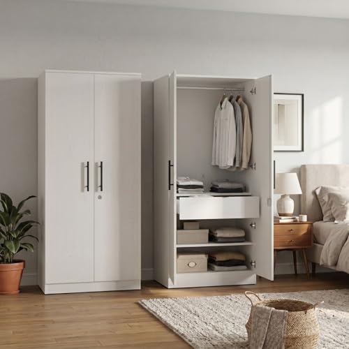 Image of FFO Matrix 2 Door Wardrobe with 2 Drawers | Multi-Purpose Wardrobe Organizer with Shelves | Engineered Wood Cupboard for Living Room, Bedroom & Office | Modern Sideboard Storage Unit White DIY.