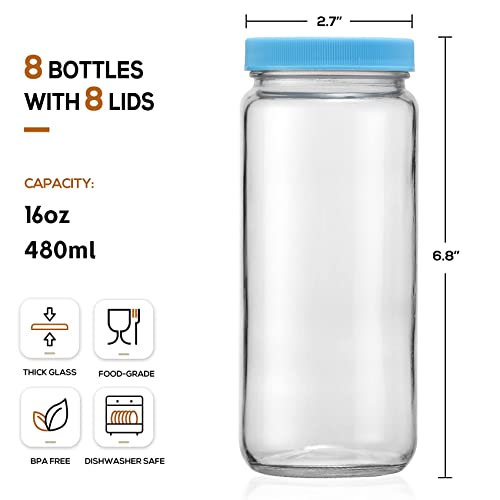 8 Pack Glass Juicing Bottle Drinking Jars with 2 Straws & 2 Lids w Hole- 16 OZ Travel Water Cups with Colored Airtight Lids, Reusable Tall Mason Jar for Juice, Bubble Tea, Smoothie, Tea, Kombucha