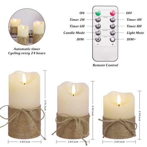 Image of 3Pcs LED Flameless Pillar Candles for Home Wedding Party Decor | Realistic 3D flicker hemp rope LED candles 4 inch /5 inch /6 inch, battery‑run. Equipped with remote timer for versatile indoor decor.