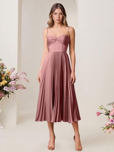 Spaghetti Straps Bridesmaid Dresses for Women Satin Pleated Tea Length Prom Dress A-Line Flowy Midi Evening Party Gown2