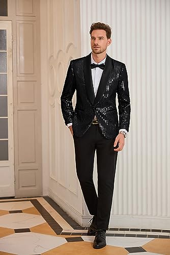 GRACE KARIN Mens Shiny Sequin Blazer One Button Suit Jacket Shawl Lapel Tuxedo Party Dinner Prom4