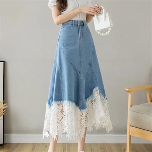 Women's Lace Patchwork Denim Skirt Woman High Waist Midi A-Line Skirt2