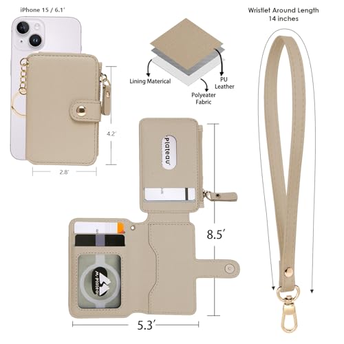 M-Plateau Wallet, Womens Wallet Leather Keychain Wallet With Zipper Coin Pocket ID Window Wrist Strap Gift Box (Khaki)4