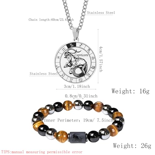 Caimeytie herren Sternzeichen Halskette und Armband Set- Sternbild halskette edelstahl-Münzanhänger-Elastisches Perlenarmband-Geburtstagsgeschenk Schmuck (Steinbock (Geburtsdatum:12/22-1/19))