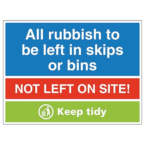 Panneau All Rubbish To Be Put In Skips V Safety en vinyle autocollant 400x300 mm