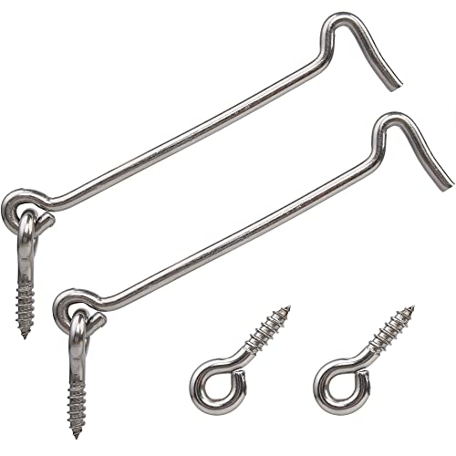 HASWARE Haken-Ösenriegel, 150 mm, 2 Sets, 304 Edelstahl, robuste Kabinenhaken für Fenster, Garten, Garage, Schiebetür, Silber, mit Schrauben