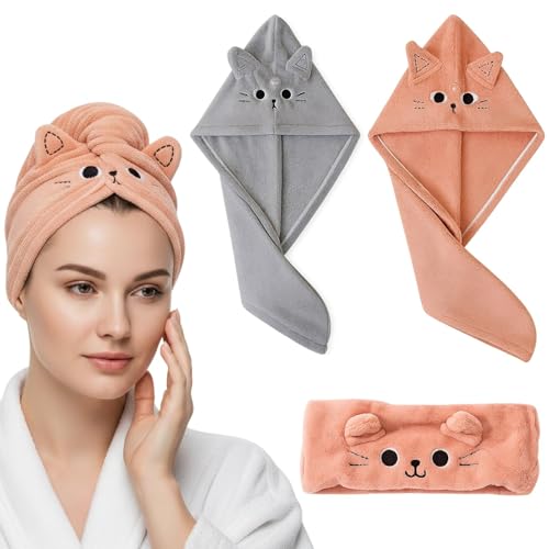 Turban Handtuch mit Knopf, Microfiber Towel Hair, Haarturban, Mikrofaser Handtuch Haare, Haarhandtuch mit Knopf, 3-teiliges Set, 2 Tücher in Grau und Orange, 1 Haarband in Orange, für Sport und Alltag
