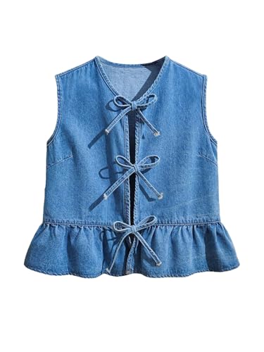 SHENHE Girl's Tie Front Bow Denim Vest Ruffle Hem Sleeveless Cute Summer Jean Tank Top