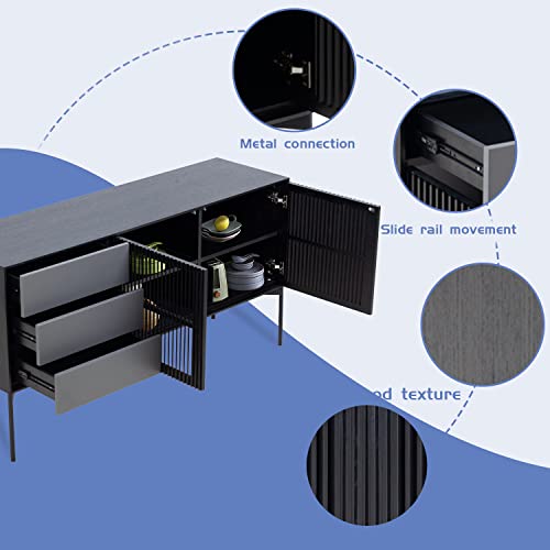 Lyuhome Black Wood Cabinet Modern Sideboard Buffet Cabinet With Drawers And Louvered Doors For Kitchen/Farmhouse/Dining Room/Living Room (Black & Grey #TOP3