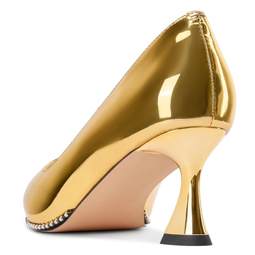 Image of TNYNFBEB Womens Mid Kitten Heel Pointed Toe Pumps Slip-on Silver Beaded Prom Party Dress Patent Leather 2.6 Inches Heels