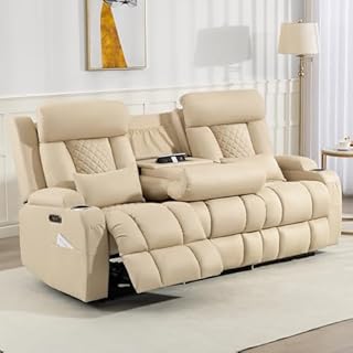 Neptane Zero Wall Hugger Power Reclining Sofa with Adjustable Headrest, Electric Reclining Couch with Drop-Down Table,Outlets, Power Loveseat Recliner Sofa for Living Room,RV (Beige, 3 Seat)