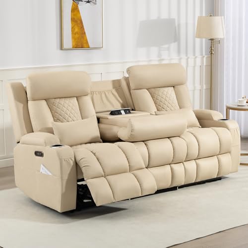 Image of Zero Wall Hugger Power Reclining Sofa with Adjustable Headrest, Electric Reclining Couch with Drop-Down Table,Outlets, Power Loveseat Recliner Sofa for Living Room,RV (Beige, 3 Seat)