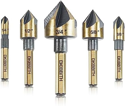 Countersink Drill Bit Set, 5 Pieces High Speed Steel 82 Degree 5 Flute 6mm Shank Mill Cutter Bit Countersink in Sizes 1/4” 3/8” 1/2” 5/8” 3/4” Set with Carrying Case