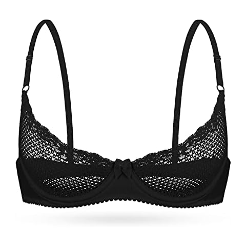 Wingslove Women's See Through Lace Bra Balconette Sexy Unlined Demi Cup Underwire Non-Padded Lingerie Black Cover