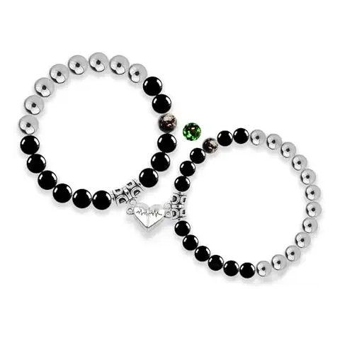 Couples Bracelets - Bf and Gf Bracelets - Matching Bracelets - Glow in The Dark Bracelets, Black Beads and Stainless Steel Beads Bracelets Birthday Anniversary Gifts for Men and Women (Silver Heart) Cover