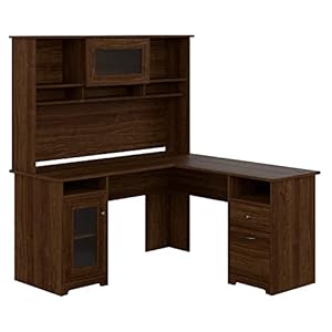 Bush Furniture Cabot Hutch | Corner Storage for Home Office in Modern Walnut | 60W L Shaped Computer Desk