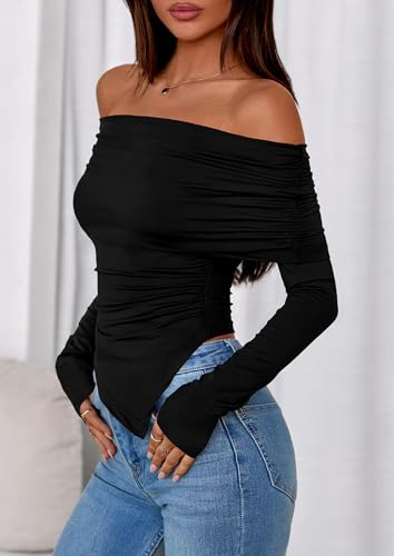 PRETTYGARDEN Women's Off The Shoulder Tops Spring Fashion 2026 Long Sleeve Shirts Going Out Slim Fitted Blouses Fall Clothes (Black,X-Small) — view 3