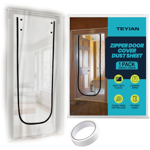 TEYIAN 1.2m x 2.2m Plastic Dust Sheet Door Cover with Zipper Heavy Duty Clear Polythene Sheet Door Protector Door Curtain with 10m Double-Sided Tape for Decorating and DIY Projects