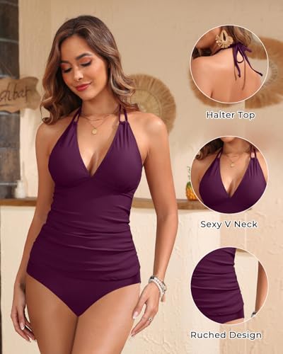 Image of Yonique Womens Two Piece Swimsuits Tummy Control Tankini Plus Size Bathing Suit Halter V Neck Swimwear