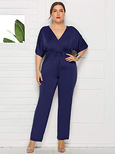 pedkit Mulheres Plus Size Macacões Batwing Mangas Decote Em V Profundo V Cordão Voltar Cintura Alta