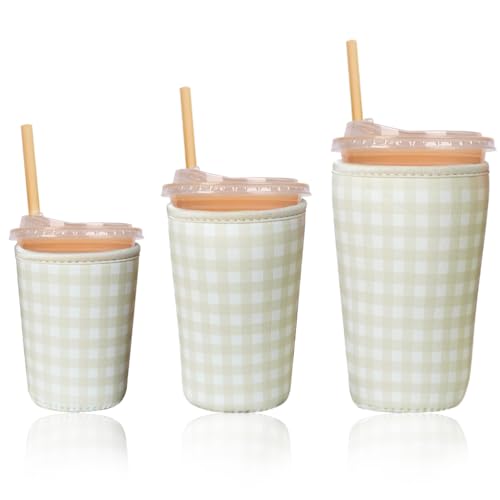Image of Reusable Insulated Sleeve for Iced Coffee Cup, 3-Pack Coffee Neoprene Drink Sleeve for Cold & Hot Drinks, Beverage Holder for Iced Coffee (Beige Gingham)