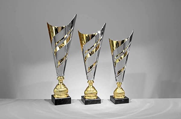 Pokal Ben Silber-Gold mit Wunschtext - Großer Siegerpokal Gravur - 53,5 cm | Individueller Ehrenpreis für Sport und Turnier, edle Optik, als 3er-Serie wählbar, Gravurplatte, Höhe 53,5 cm, Siegerehrung