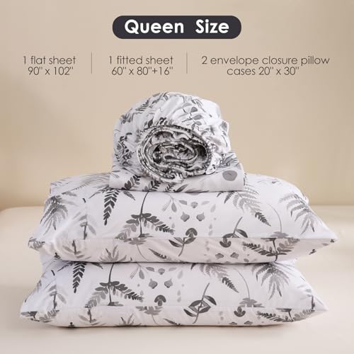 Image of JSD Grey Boho Floral Printed Queen Sheet Set 16 inch Deep Pocket | 4 Piece Soft Microfiber Sheets, Watercolor Leaves Ferns Pattern, OEKO-TEX Certified, Easy Care