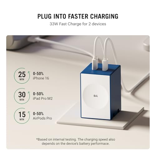 Image of DailyObjects POP 33W Wall Charger Adapter with Foldable Pins|USB-C Dual Port Power Output|Fast Charging|GaN5 Tech|Support iPhone 12 13 14 15 16 pro Max, Android,ipad,Samsung,oneplus|Lightweight- Blue