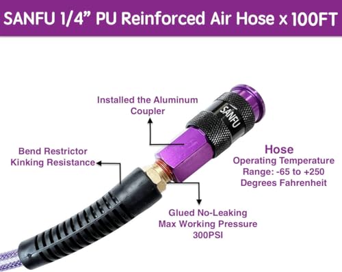 PolyurethanePU-Air-Hose-14-Inch-x-100ft-Reinforced-lightweight-Anti-low-temperature-300PSI-with-14-Swivel-Industrial-Aluminum-Quick-Coupler-and-Plug-Bend-RestrictorPurple100