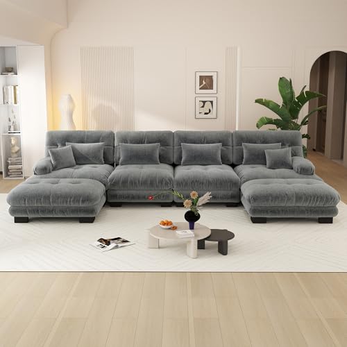 Yihomfy Grand canapé d'angle Convertible de 406 cm, canapé 6 Places en Forme de U avec 2 Repose-Pieds Amovibles, canapé modulable Moderne en Chenille à...