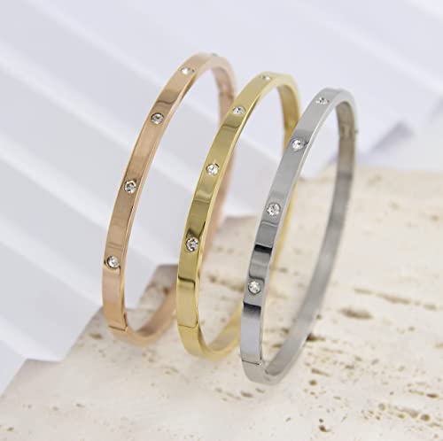 Myneney Rose Gold/Gold/Silver Titanium Stainless Steel Pave Cubic Zironia Simulate Diamond Stackable Oval Hinged Bangle Bracelet 6.5-7.5Inch (4Mm-Crystal Gold, 6.5 Inch) #TOP6