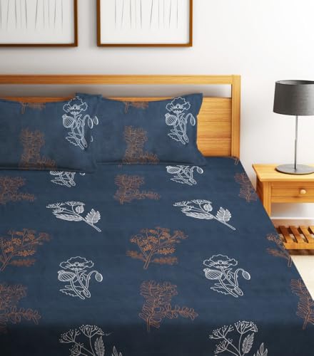 Image of Home Sizzler 210TC Midnight Bloom Elastic Fitted Double Bedsheet (72X78 Inch) with 2 King Size Pillow Covers, Blue