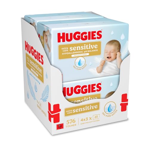 Huggies Pure Extra Care Sensitive Baby-Feuchttücher, 99 Prozent Wasser, Ohne Plastik, 12Er Pack (4 X 3 Packungen, 576 Tücher), Parfümfrei