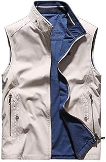 Gihuo Men's Reversible Cotton Outdoor Travel Vest with Pockets (Beige, Medium)