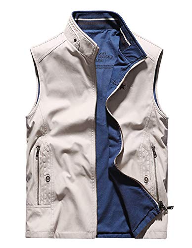 Gihuo Men's Reversible Cotton Outdoor Travel Vest with Pockets (Beige, Medium)