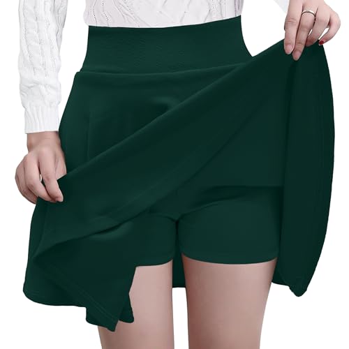 GOOBGS Women's Casual Versatile Mini Skater Stretchy Skirt with Shorts Deep Green Medium
