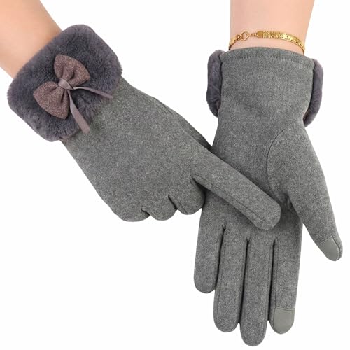 Image of Kraptick Women's Winter Woolen Gloves - Premium Thermal Fleece Lined Touchscreen Hand Warmer Gloves for Cold Weather, Cycling & Driving Soft Fur Cable Knit Elastic Mittens (Free Size, Purple Bow)-6