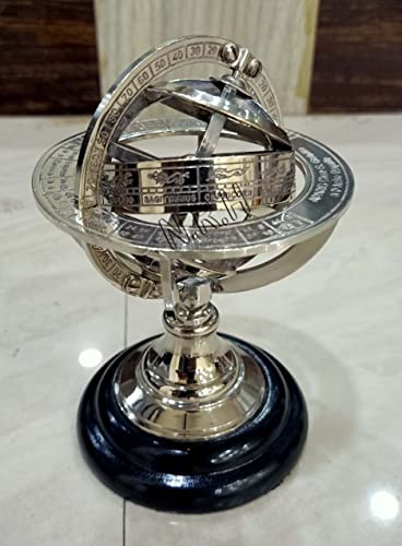 Esfera armilar náutica y coleccionable de plata marítima astrolabio sobre base de madera (plata, 12,7 x 12,7 cm) Cover