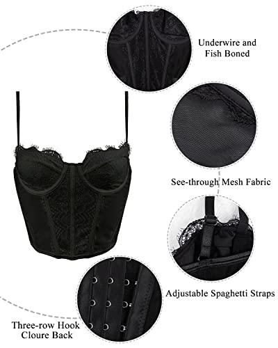 Modegal Women's Lace Mesh Bustier Fish Boned Sheer Spaghetti Straps Going Out Corset Crop Top With Underwire #TOP1