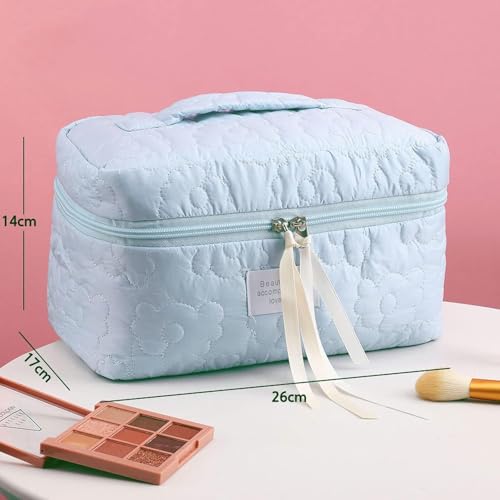 Image of Sprqcart Quilted Cotton Makeup Bag for Women - Large Capacity Travel Cosmetic Organizer with Zipper - Cute Floral Toiletry Pouch - Handheld Portable Multifunctional Storage Purse | Blue