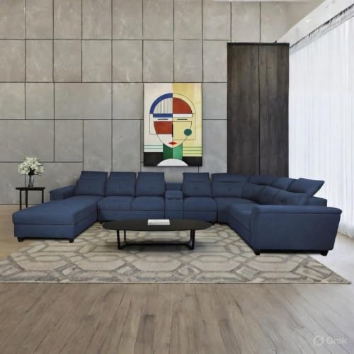 Image of Mishel 12 Seater Sofa Set for Living Room | Sectional U Shaped 12 Seater Sofa with Storage & Cupholder (Blue Fabric, LHS)