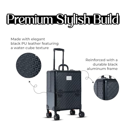 Image of Folello - Move Professional Rolling Trolley Makeup Travel Case - PU Leather with Black Aluminum Frame & Metal Parts - Makeup Artist Organizer Box - Black