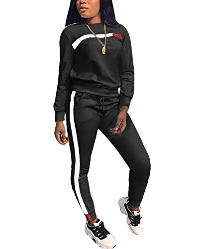 Women’s 2 Piece Outfits - Stripe Patchwork Sweatsuits Long Sleeve Pullover Sweatshirt Skinny Long Pants Tracksuit Set