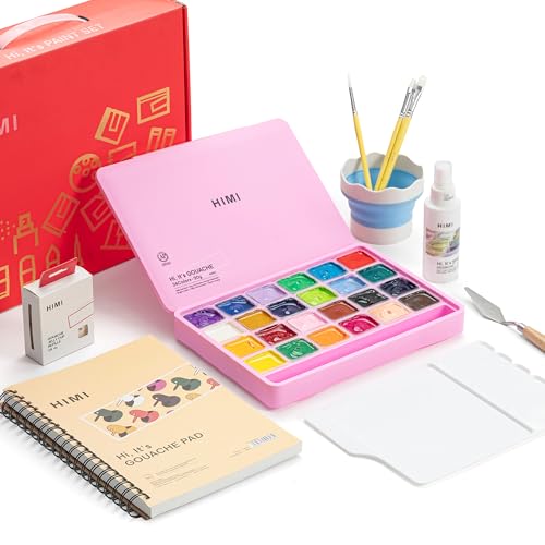 HIMI Deluxe 24 Colors Jelly Gouache Paint Gift Set Complete Art Kit with Pad Spray Palette Brushes Painting Knife Foldable Bucket & Refills for Beginners Students & Artists