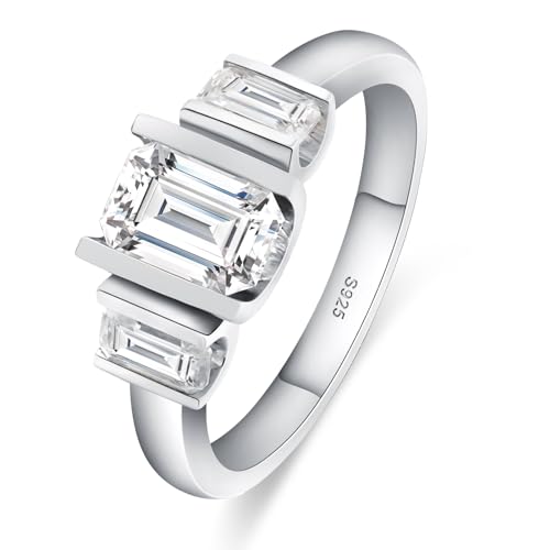 Moissanite Engagement Rings for Women,D Color VVS1 3 Stones Emerald Cut S925 Sterling Silver Plated 18k White Gold Wedding Promise Anniversary Rings for Her